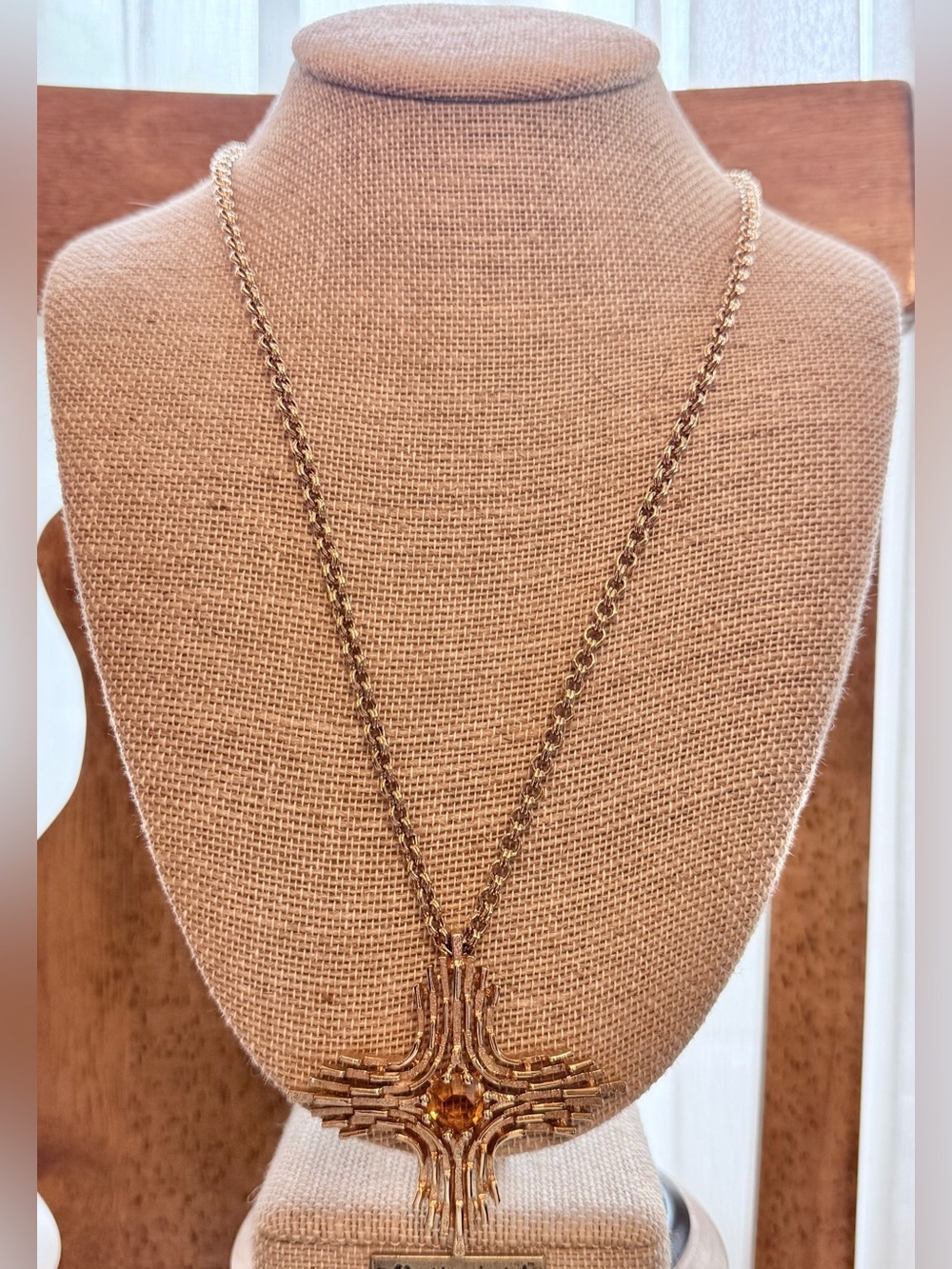 Sarah Coventry Maltese Cross Gold Tone Pendant Necklace w/Amber-color stone